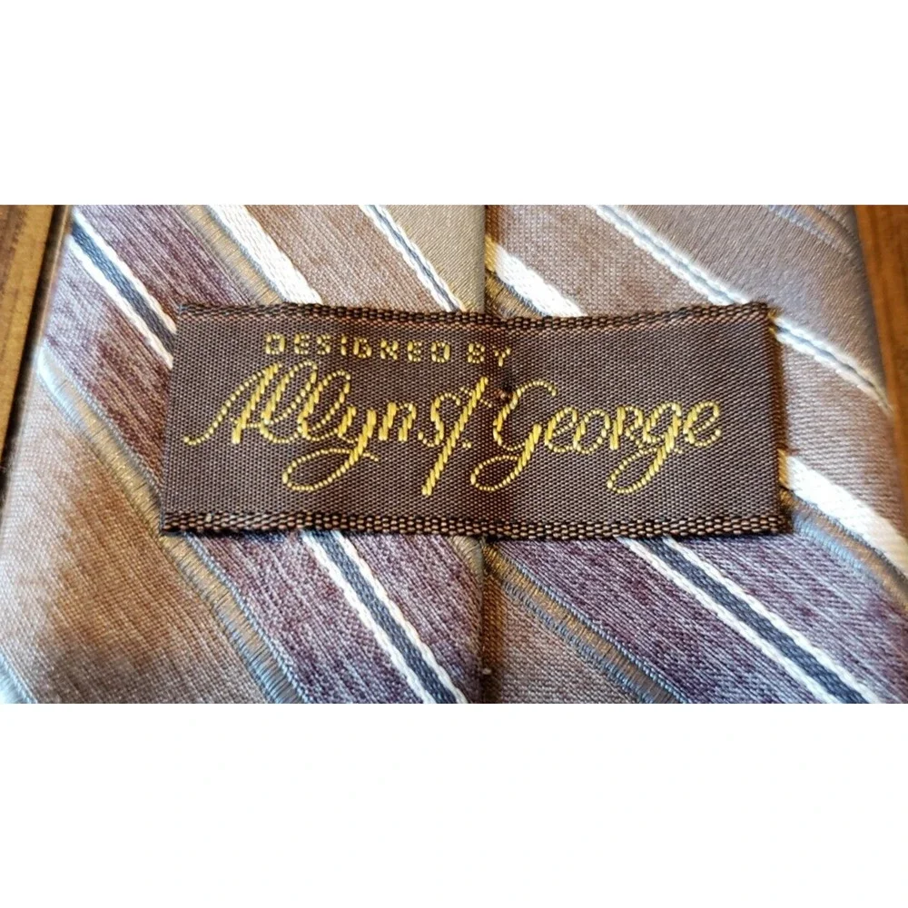 Allyn St George Vintage Mens Silver and Brown Striped Necktie Tie